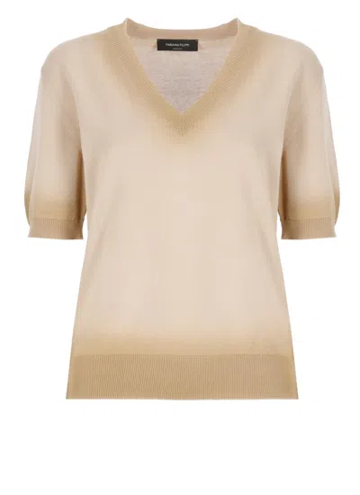 Fabiana Filippi Beige Cotton Sweater With V-neckline In Neutral