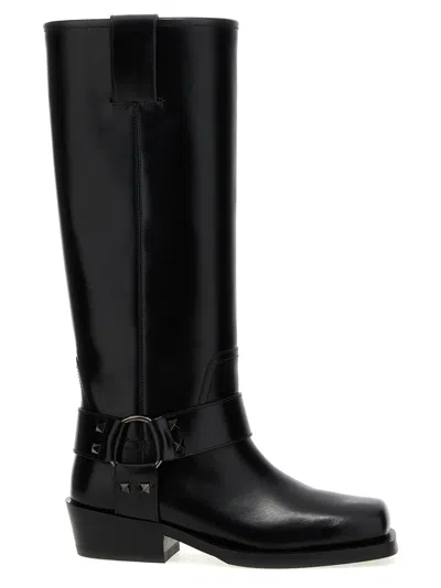 Valentino Garavani Black Leather Biker Rockstud Boots