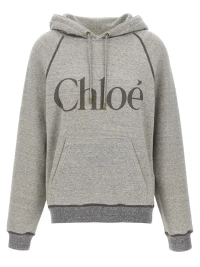Chloé Hooded Cotton Blend Sweatshirt With Kangaroo Pocket In Gray