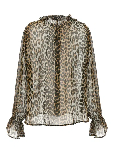 Ganni Printed Viscose Chiffon Tie String Shirt Shirts Animalier In Animal Print