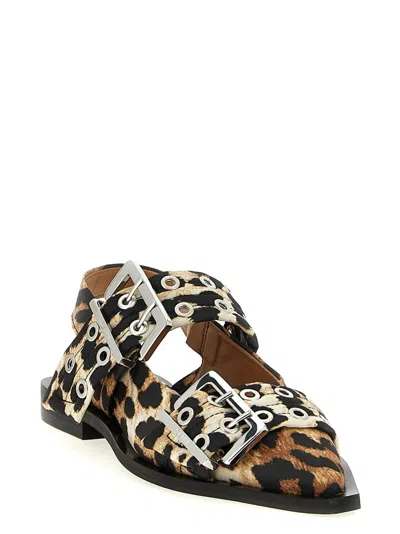 Ganni Multicolor Ballet Shoes With Double Buckle And All-over Leopard Print