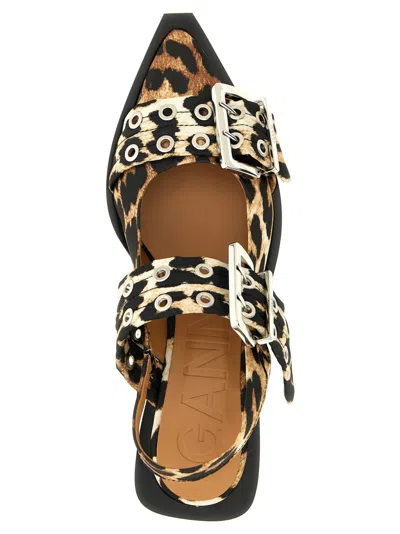 Ganni Multicolor Ballet Shoes With Double Buckle And All-over Leopard Print