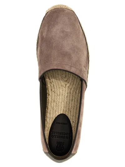 Brunello Cucinelli Round Toe Suede Espadrilles With Jute Sole In Brown