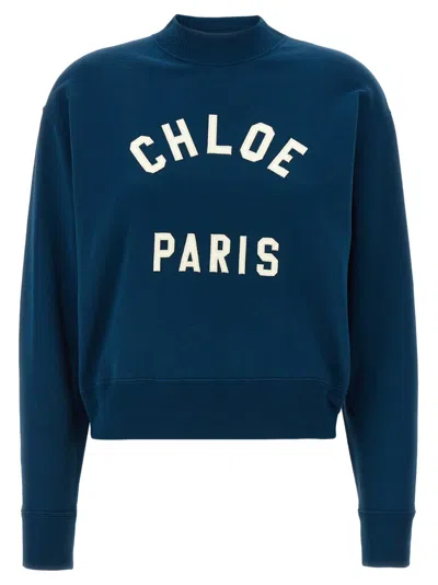 Chloé Blue Crewneck Sweatshirt With Logo Lettering Print In Cotton Woman