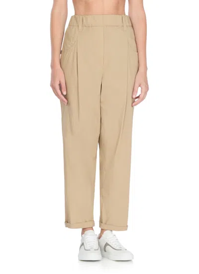 Brunello Cucinelli Beige Cotton Pants With Elastic High Waist