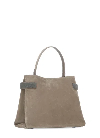 Brunello Cucinelli Suede Leather Shoulder Bag With Brass Inserts In Gray