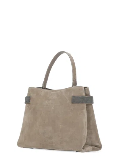 Brunello Cucinelli Suede Leather Shoulder Bag With Brass Inserts In Gray