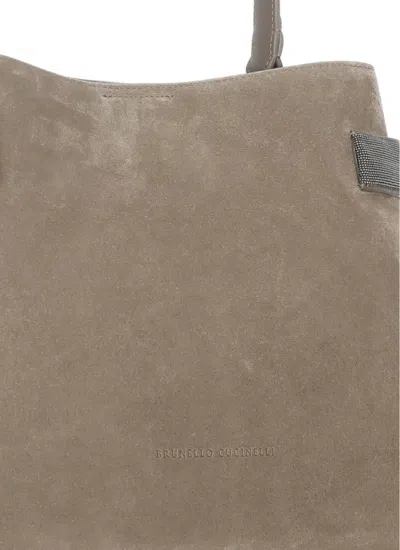 Brunello Cucinelli Suede Leather Shoulder Bag With Brass Inserts In Gray