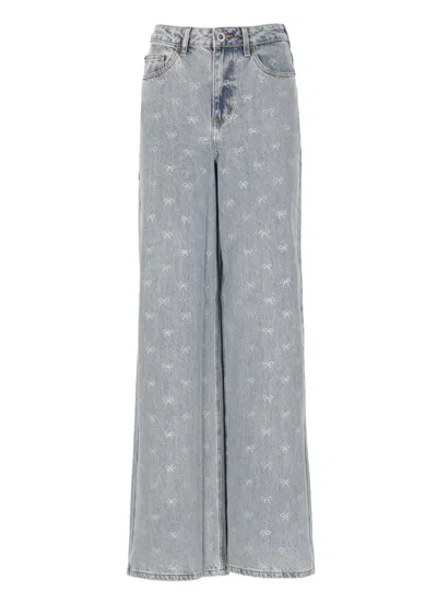 Self-portrait Light-blue Wide-leg Cotton Jeans With Bow In Gray
