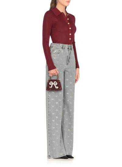 Self-portrait Light-blue Wide-leg Cotton Jeans With Bow In Gray
