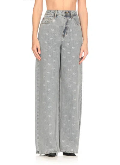 Self-portrait Light-blue Wide-leg Cotton Jeans With Bow In Gray
