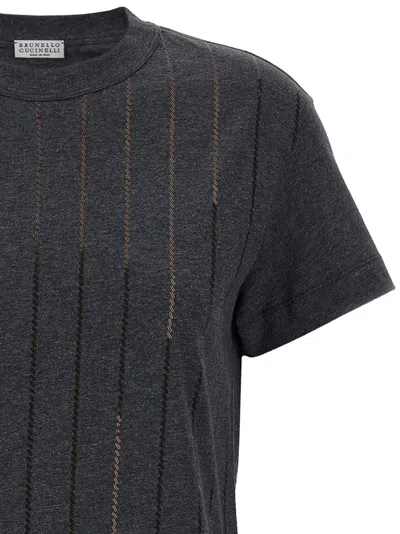 Brunello Cucinelli Dazzling Chalk Stripe Embroidery T-shirt In Black