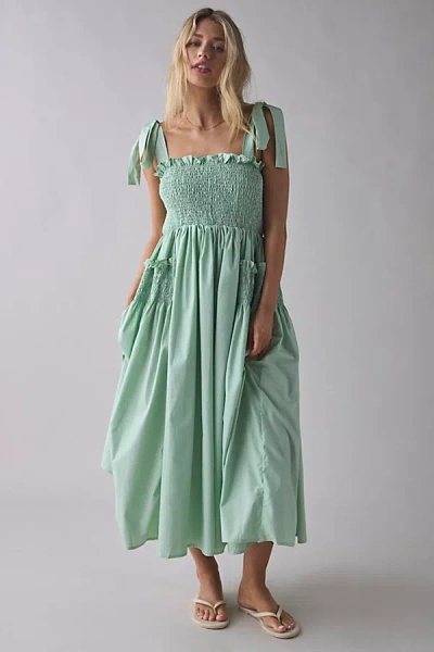Sister Jane Grassland Bow-tie Strap Shirred Midi Dress In Light Green, Women's At Urban Outfitters
