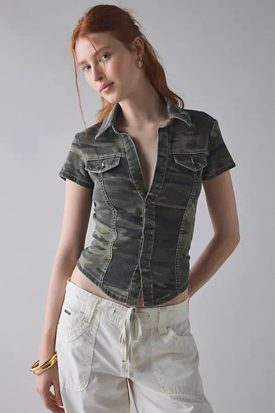 Bdg Polly Denim Slim Short Sleeve Button-up Shirt Top In Camo, Women's At Urban Outfitters