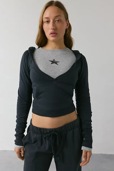 Out From Under Lived In V-neck Cropped Hoodie Sweatshirt In Washed Black, Women's At Urban Outfitters