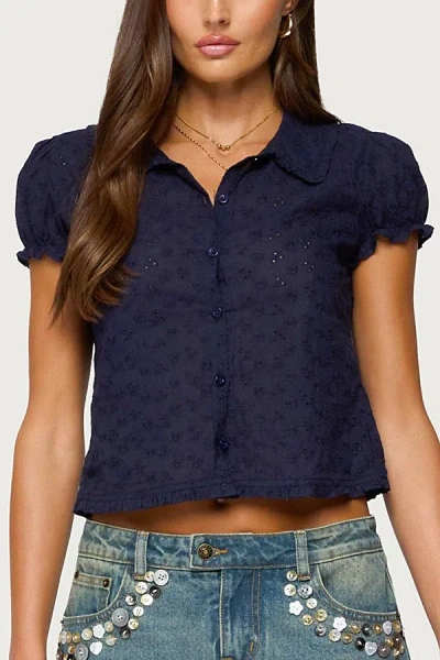 Edikted Lanie Eyelet Tailored Button Up Shirt Top In Navy, Women's At Urban Outfitters