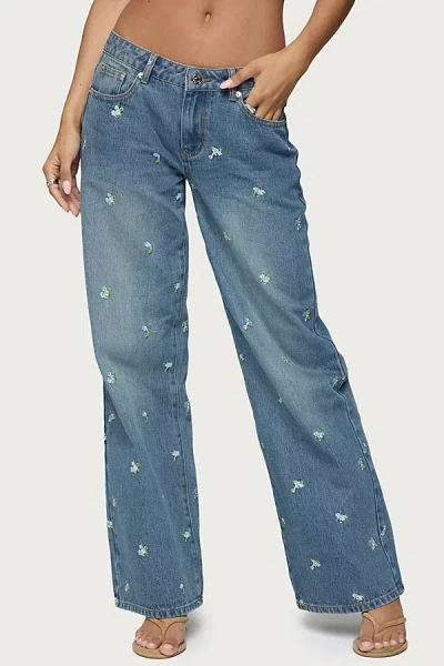 Edikted Edna Floral Embroidered Low Rise Jeans In Blue/washed, Women's At Urban Outfitters