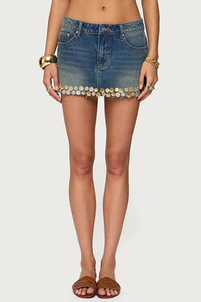 Edikted Shaina Iridescent Denim Mini Skirt In Blue/washed, Women's At Urban Outfitters