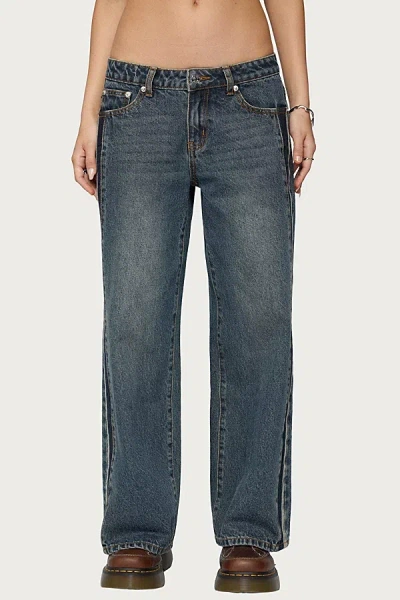 Edikted Petite Contrast Panel Low Rise Jeans In Dark/blue, Women's At Urban Outfitters