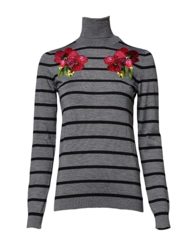 Dolce & Gabbana Gray Floral Embroidery Pullover Sweater In Gray