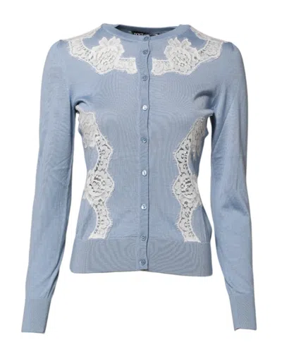Dolce & Gabbana Blue Floral Lace Detailing Cardigan Sweater In Blue