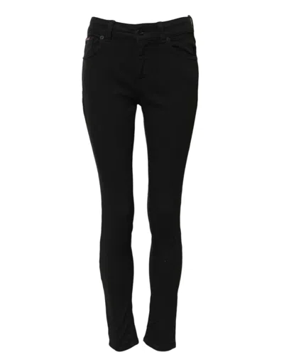 Dolce & Gabbana Black Cotton Logo Skinny Mid Waist Denim Jeans In Black