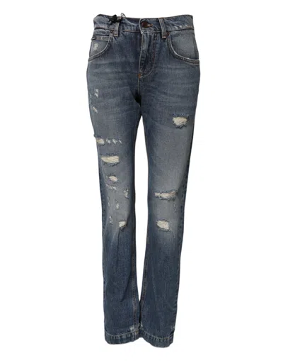 Dolce & Gabbana Blue Cotton Tattered Boyfriend Denim Jeans