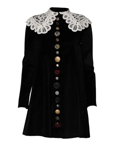 Dolce & Gabbana Black Velvet Lace Collared Embellished Dress