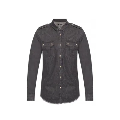 Balmain Cotton Denim Shirt Men In Gray
