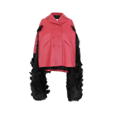 Maison Margiela Faux Fur Trimmed Leather Cape Jacket In Multi