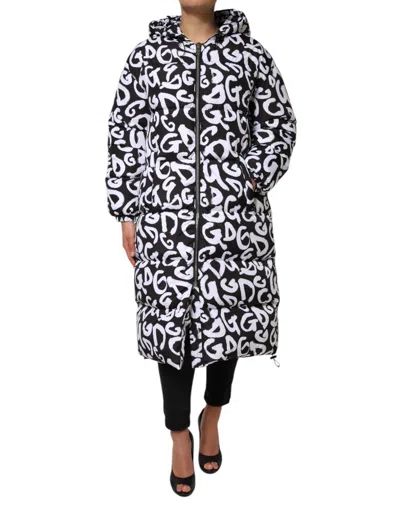 Dolce & Gabbana Black White Dg Mania Hooded Long Coat Jacket In Multi