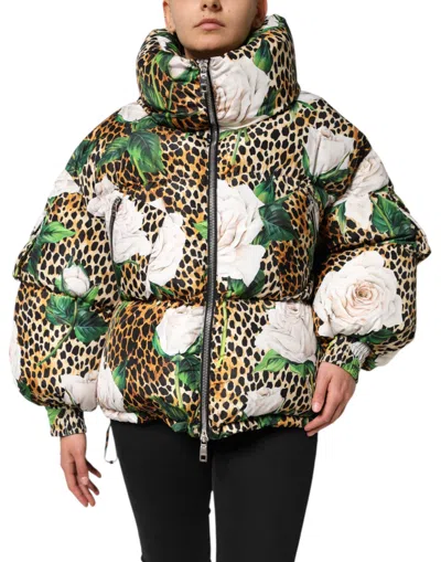 Dolce & Gabbana Multicolor Leopard Rose Puffer Quilted Jacket In Multi