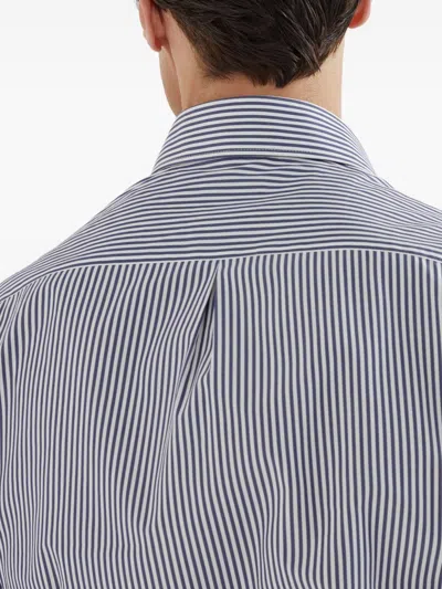 Brunello Cucinelli Striped Cotton Shirt With Button-down Collar In Blue