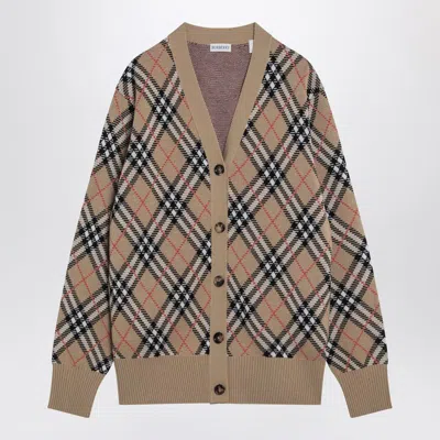 Burberry Check V-neck Cardigan In Wool And Mohair Blend In Brown