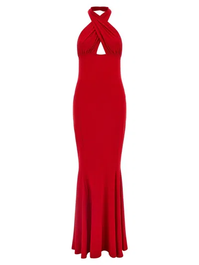 Norma Kamali Cross Halter Fishtail Dress In Red