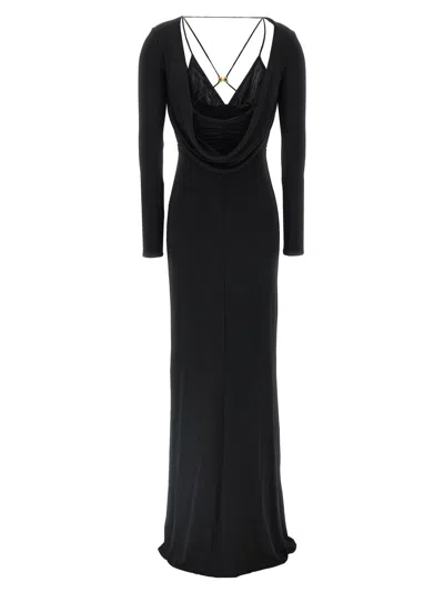 Elisabetta Franchi Draped Black Maxi Dress With Deep Neckline In Black