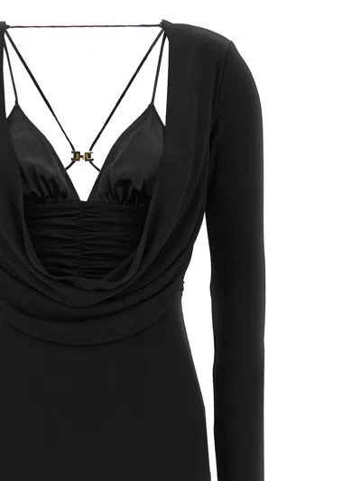 Elisabetta Franchi Draped Black Maxi Dress With Deep Neckline In Black
