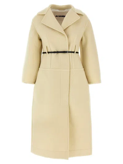 Jil Sander Tailored Coat With Belted Waist And Structured Shoulders In Nude