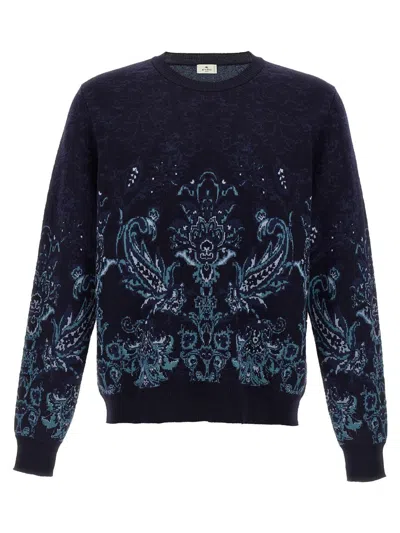 Etro Floral Jacquard Wool Sweater In Blue