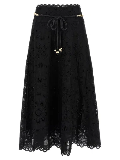 Zimmermann Zim Rhiannon Embroidered Scallop Hem Wblt Midi Skirt Black