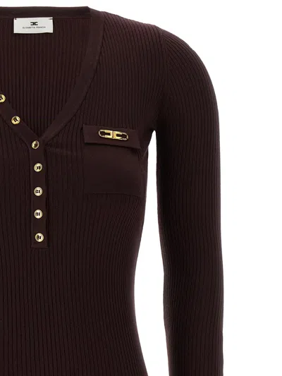 Elisabetta Franchi Burgundy Ribbed Sweater With Pocket In Brown