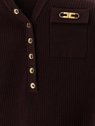 Elisabetta Franchi Burgundy Ribbed Sweater With Pocket In Brown