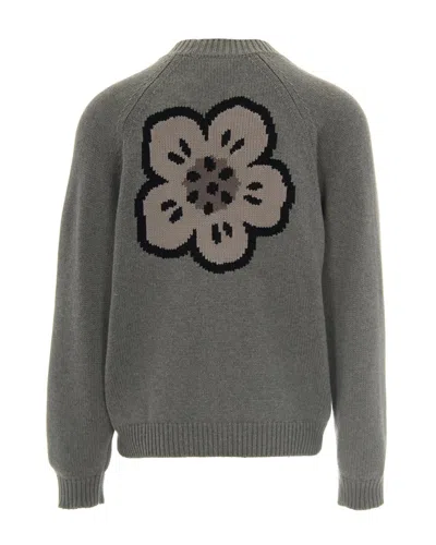 Kenzo Flower-embroidered Cardigan In Gray