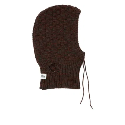 Mm6 Maison Margiela Distressed Wool Balaclava With Drawstring And Ribbed Hem In Brown