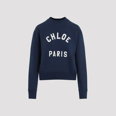 Chloé Blue Crewneck Sweatshirt With Logo Lettering Print In Cotton Woman