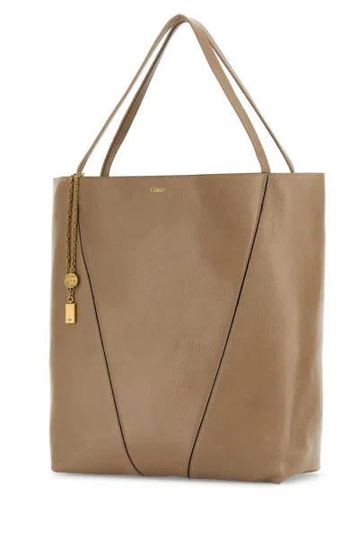 Chloé Sand Leather Large Spin Shopping Bag In Brown