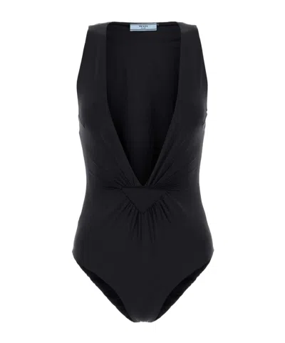 Prada Deep V-neck Swimsuit In Black