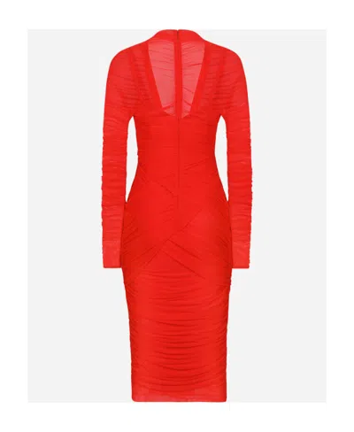 Dolce & Gabbana Dolce  Gabbana Tulle Draped Long-sleeved Midi Dress In Red