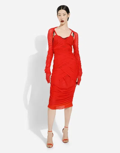 Dolce & Gabbana Dolce  Gabbana Tulle Draped Long-sleeved Midi Dress In Red