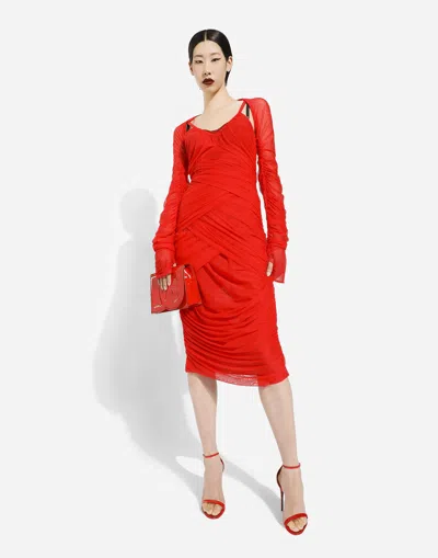 Dolce & Gabbana Dolce  Gabbana Tulle Draped Long-sleeved Midi Dress In Red